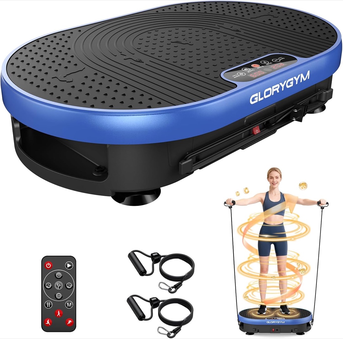 Plataforma vibratoria azul con mando a distancia y dos bandas elásticas